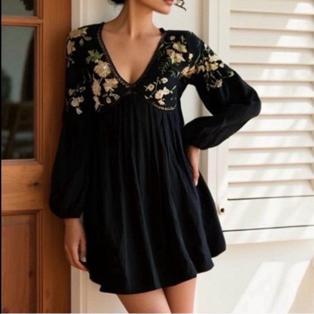 J Gee V-Neck Babydoll Long Sleeve dress Whimsigoth Witchy Dark Fairy-Small - NWT